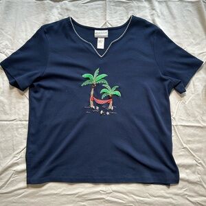 Alfred Dunner | Navy Embroidered Tee with Collar Detailing